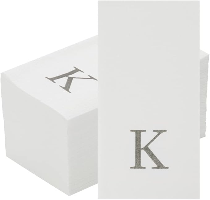 Luxenap 15.8 X 7.9 Inch Linen-Feel Guest Towels, 50 Lettered Hand Towels - Silver Letter 'K', Sans Serif Font, White Paper Dinner Napkins, airlaid, For Restrooms And Tables - Restaurantware