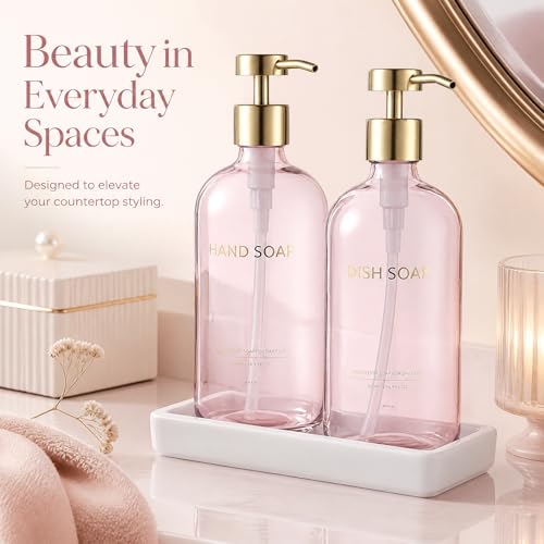 Glass Kitchen Soap Dispenser Set with Ceramic Tray (Pink Bottles + Gold Pumps)