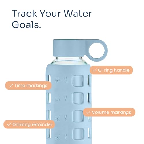40oz / 32oz / 22oz / 12oz Borosilicate Glass Water Bottle with Time & Volume Markers, Silicone Sleeve, Stainless Steel Lid | Reusable Glass Bottle for Water & Juice (12oz Ice Blue) (Ice Blue (1 Count) / 12 Ounces)