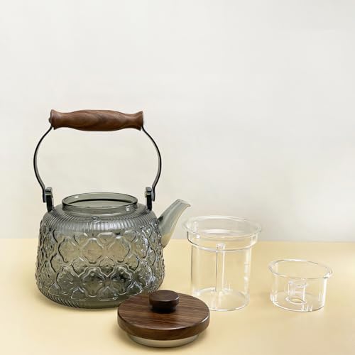 Stovetop Safe Glass Teapot with Malus Spectabilis Pattern Removable Infuser Fine Borosilicate Tea Pot perfect for Fruit Flowering Tea Canister Premium Quality Tea Kettle Gift (Gray / 1000ml)