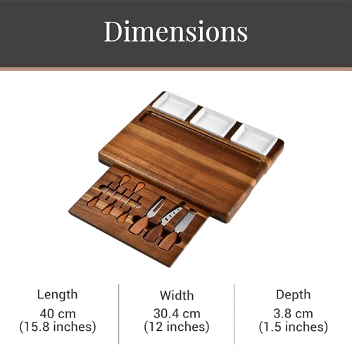 Large Acacia Wood Charcuterie Board Set with 3 Removable Ceramic Bowls & Serving Utensils (16" x 12" x 1.5")
