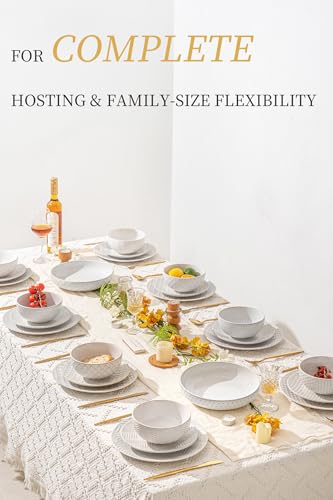 32 Piece Luxury Dinnerware Set (White-Mixed Embossment / Service for 8-32Pcs (Double Bowl))