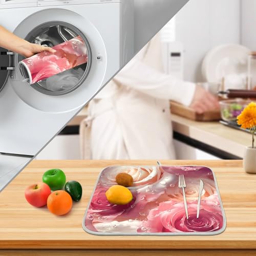 3d Pink White Roses Dish Drying Mat for Kitchen Counter Absorbent Microfiber Large Drying Pad Dish mats for Kitchen Countertops 18 x 24 Inch (Pink White Roses / 24" x 18")