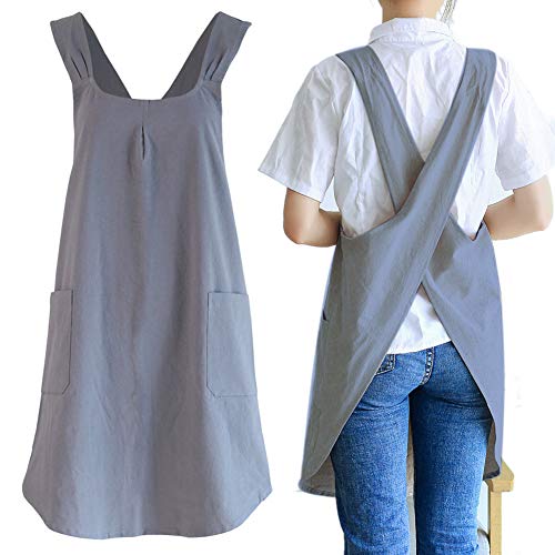 Japanese Linen Cross Back Kitchen Cooking Aprons for Women with Pockets Cute for Baking Painting Gardening Cleaning Gray