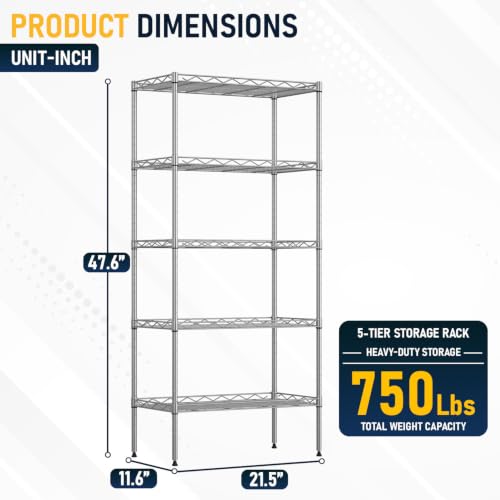5 Tier Wire Shelf (Chrome / 22×12×48)