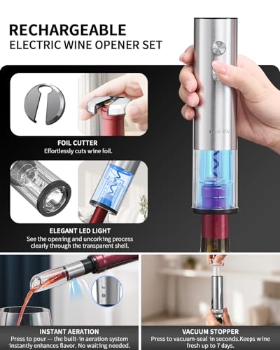 Electric Wine Bottle Opener Set Stainless Steel Rechargeable Wine Opener 8 (8-in-1 Silver / Rechargeable)