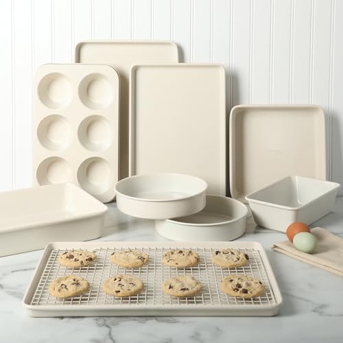 Gallen 10 Piece Baking Pans Ceramic PFA Free Non Toxic Non Stick Bakeware Set (Linen White / 10-Piece Bakeware Set)