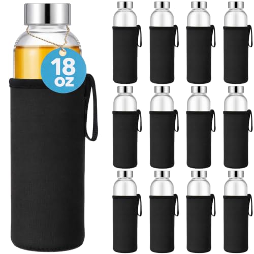12 Pack Glass Water Bottles with Sleeves (Low Profile / Black)