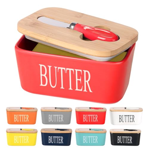 Ceramic Butter Dish with Bamboo Lid and Stainless Steel Knife Spreader (Red)