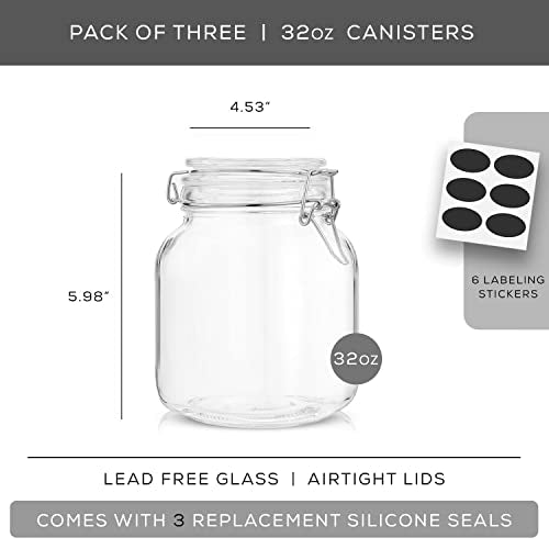 Airtight Glass Jars with Lids Set of 3. 32oz Glass Jar with Lid and 6 Silicone Seals! Med Glass Food Storage Containers. Square Mason Jar