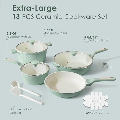 Nonstick Ceramic Cookware Set Large 13 (Light Green)
