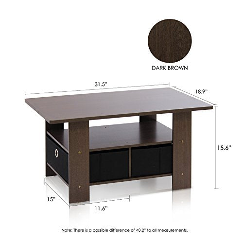 ANDREY Small Modern Coffee Table with Storage Shelf (Dark Brown/Black / 2 Bin)