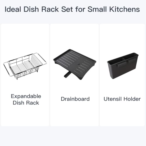 Expandable Dish Drying Rack Over Sink with Extra Drainboard (Black / For 11.5"-16" W Sink with Cup Holder & Drainboard)