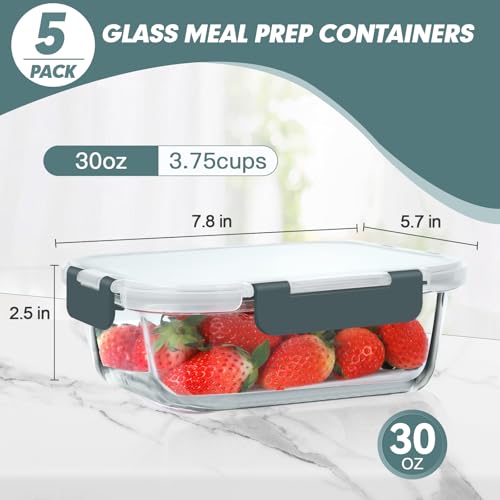 30 oz 5 Pack Glass Meal Prep Containers with Lids (Gray / 1-Compartment 30 oz)