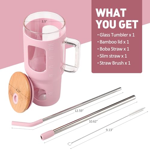 Glass Tumbler with Straw and Lid (Pink / 32 Ounces)