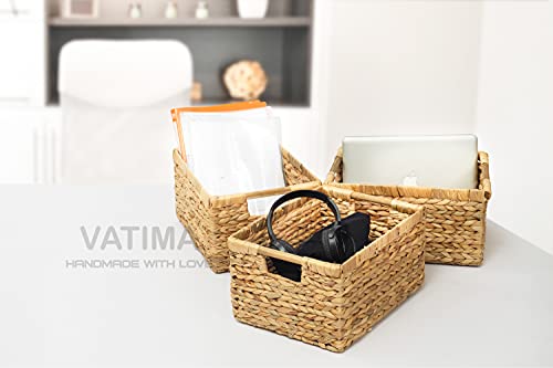 Large Wicker Basket Rectangular with Wooden Handles for Shelves (Water Hyacinth / 3-Pack Large (14.5"L x 10.3"W x 7.5"H))