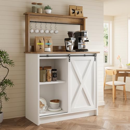 Farmhouse Coffee Bar Cabinet with Sliding Barn Door (31.5Inch / White)