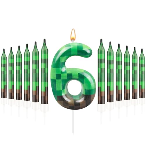 13 Pcs Dynamite Candles 12 TNT Themed Birthday Cake Candles and Number 6 Candle Cake Topper for Pixel Theme Birthday Party Anniversary Party Dynamite Theme Party Video Game Party Supplies (13 Count)