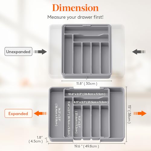 Expandable Silverware Drawer Organizer (Gray / Large Deep（11.8-19.6'W x 15''D）)