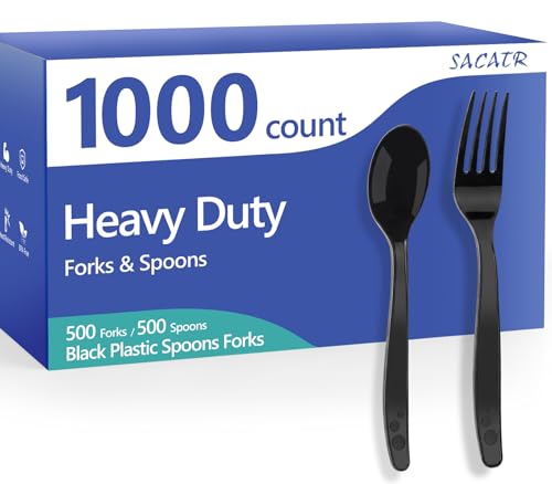 1000 Count Black Plastic Silverware Heavy Duty (Black Spoons+Forks)