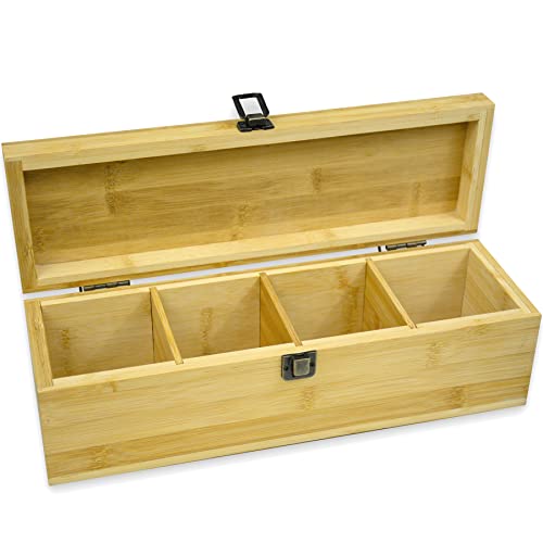 Bamboo Tea Organizer Box Chemical Free Eco (4-Slot Across / TEA Stamp)
