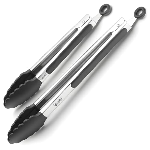 Kitchen Tongs for Cooking with Silicone Tips by Boxiki Kitchen (Black Silicon)