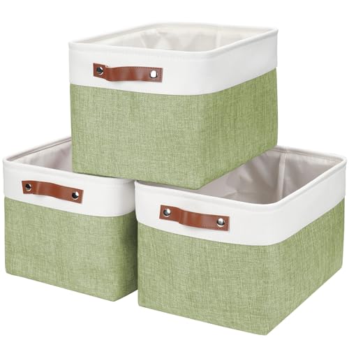 Storage Bins Large Fabric Storage Baskets for Shelves 3 Pack (Green / Off-White / Large -15"x11"x9.5")