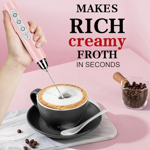 Milk Frother Wand Rechargeable Handheld Whisk Coffee 3 Speed Adjustable (Frother with stand / Pink)