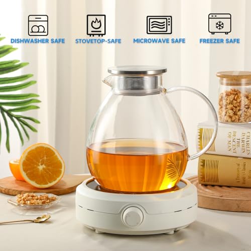 68OZ 2000ML One Touch Glass Teapot with Stainless Steel Filter Lid (68OZ (Round Bottom))