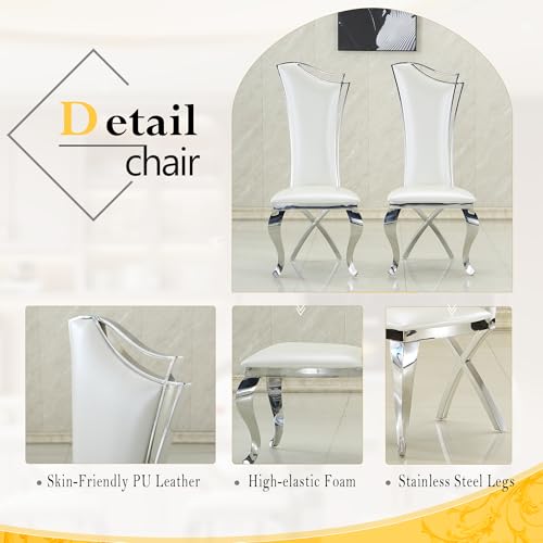 7 Piece Luxury Dining Room Set (Silver White + White / Dining Table + 6 High Back Chairs)