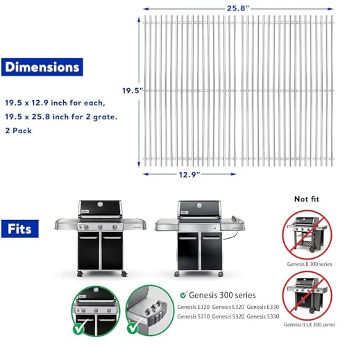 304 Stainless Steel Grill Grates for Weber Genesis 300 (19.5" x 25.8" - 7528 Genesis 300)