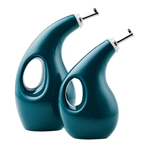 Serveware Ceramic EVOO Oil and Vinegar Dispensing Bottle Set (Teal / 24 Ounces)