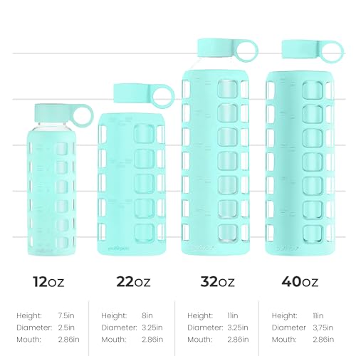 40oz / 32oz / 22oz / 12oz Borosilicate Glass Water Bottle with Time & Volume Markers, Silicone Sleeve, Stainless Steel Lid | Reusable Glass Bottle for Water & Juice (22oz Glow-in-the-Dark) (Glow-in-the-Dark (1 Count) / 22 Ounces)