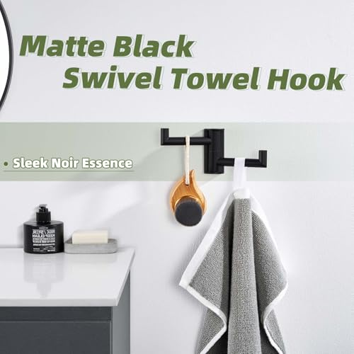 Swivel Towel Hook for Bathrooms with 2 Rotating Arms (1 Pack / Matte Black)