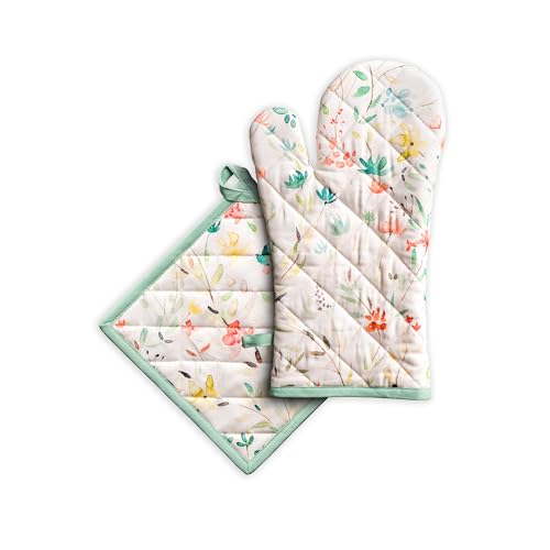 100% Cotton Oven Mitt & Pot Holder Set (005 - Colmar / 7.5" x 13" & 8" x 8" (Oven Mitt & Pot Holder))