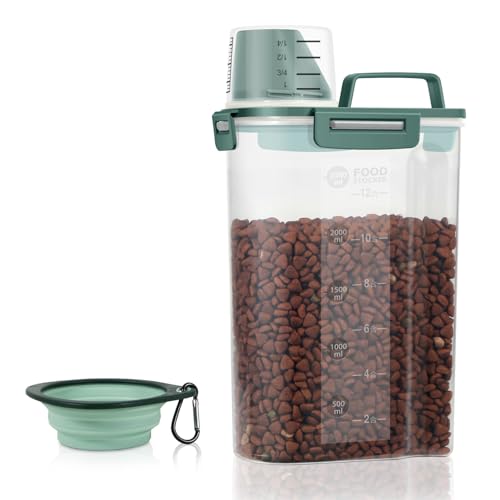 3-5Lbs/3Qt Dog Cat Food Storage Container With Foldable Bowl, Plastic Pet Food Dispenser for Small Animal Kibble/Pet Food/Bird Seed/Oatmeal/Rice/Flour/Brown Sugart/Cereals (Dark Green) (Dark Green / 3L-1pack)