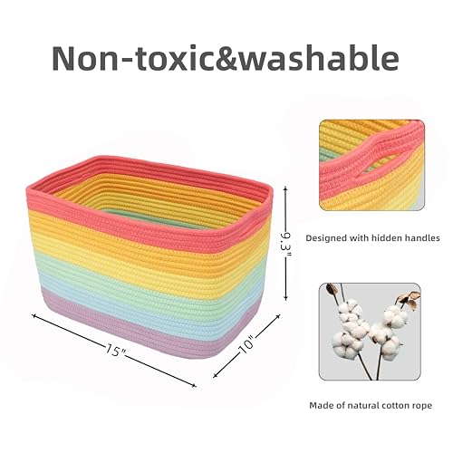 Woven Cotton Rope Storage Baskets 15x10x9.3" 3 Pack Rainbow (Rainbow red)