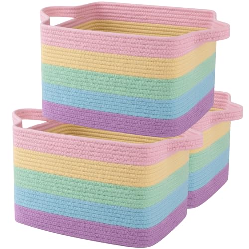 Cotton Rope Storage Baskets for Organizing Rainbow Pastel 3 (Rainbow Pastel / 3 pcs-13”x9.9”x8.7”)
