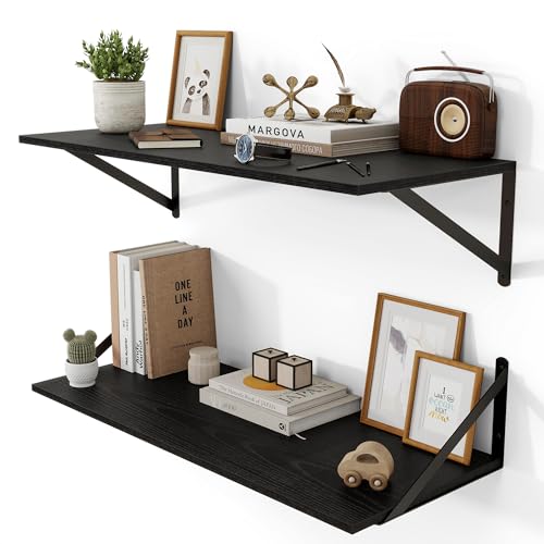 28W x 12D Deep Floating Shelves Set of 2 Black (Black With Black Metal Bracket / 28Wx12Dx5.8H)