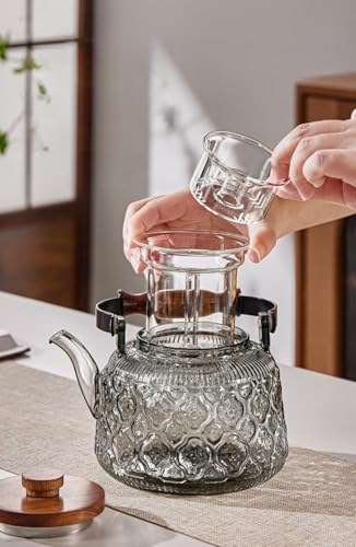 Stovetop Safe Glass Teapot with Malus Spectabilis Pattern Removable Infuser Fine Borosilicate Tea Pot perfect for Fruit Flowering Tea Canister Premium Quality Tea Kettle Gift (Gray / 1000ml)