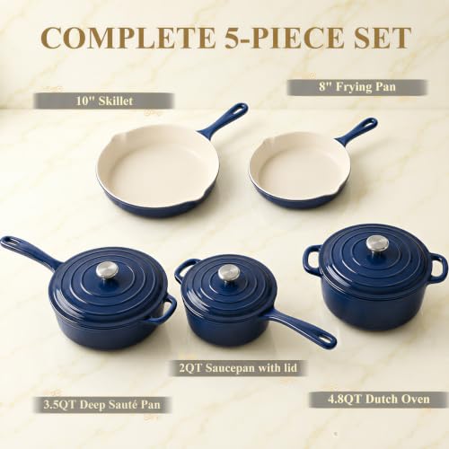 5 Piece Navy Blue Enameled Cast Iron Cookware Set (Navy Blue A)