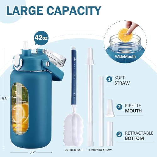 42oz Glass Water Bottles with Straw (Iron Blue / 42 Ounces)