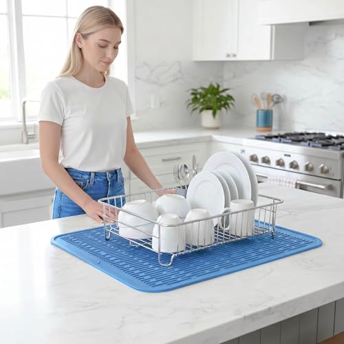 Silicone Dish Drying Mat for Multiple Usage (Lichen Blue / 24"L x 18"W)