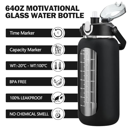 64oz Glass Water Bottles with Straw (Black / 64 Ounces)