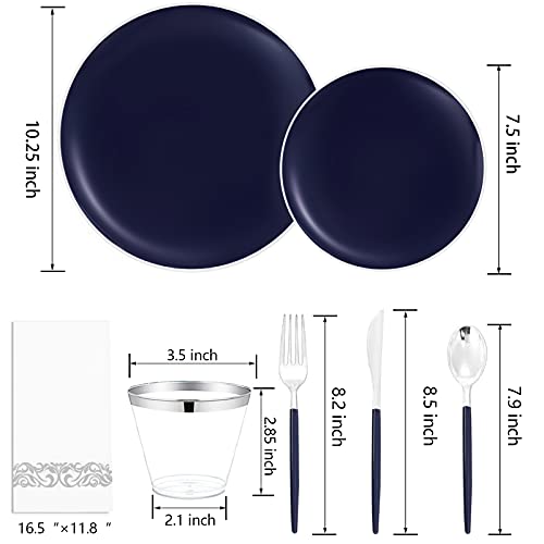 175Pcs Blue Plastic Plates with Silver Rim & Disposable Silverware with Blue Handle & Silver (Blue and Gold / 175)