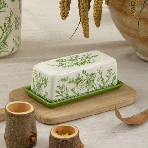 Green Garden Toile De Jouy Ceramic Butter Dish with Lid (Green Garden Toile De Jouy / Large)