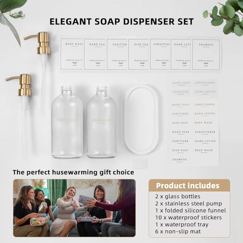 Glass Soap Dispenser (Clear Bottle/Gold Pump + Tray + Funnel)