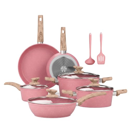 Induction Pots and Pans Set Non Stick (Pink / 12 PCS Cookware Set)