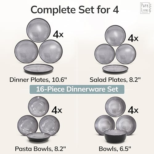 16 Piece Stoneware Dinnerware Set for 4 (Dark / Dark Gray / Set for 4 (16pcs))