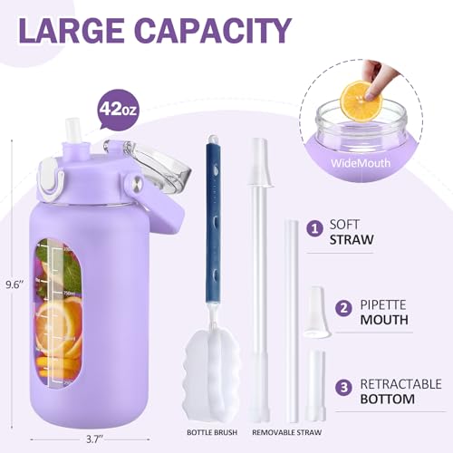 42oz Glass Water Bottles with Straw (Purple / 42 Ounces)